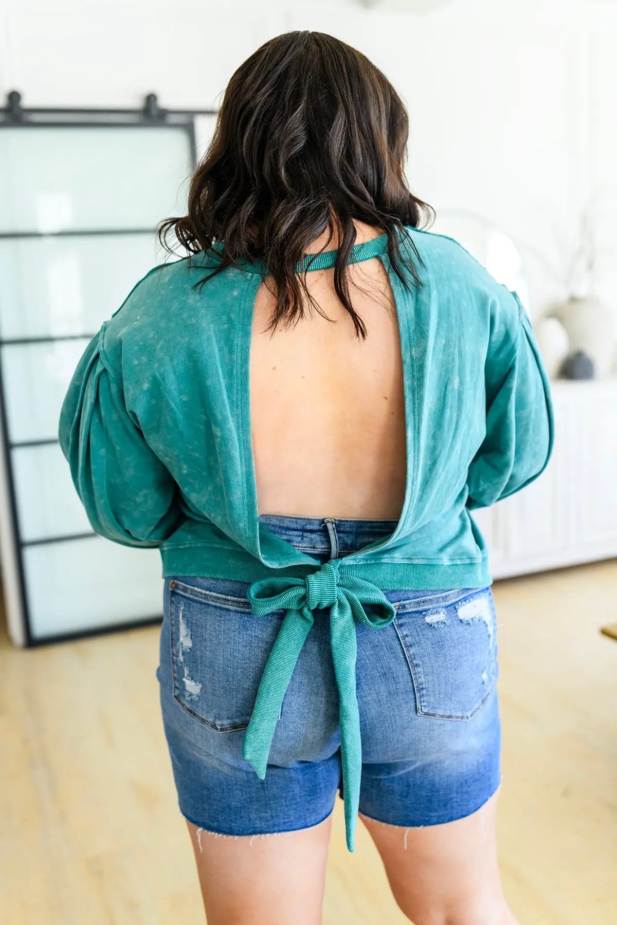 Tied Up In Cuteness Mineral Wash Sweater in Teal Ave Shops