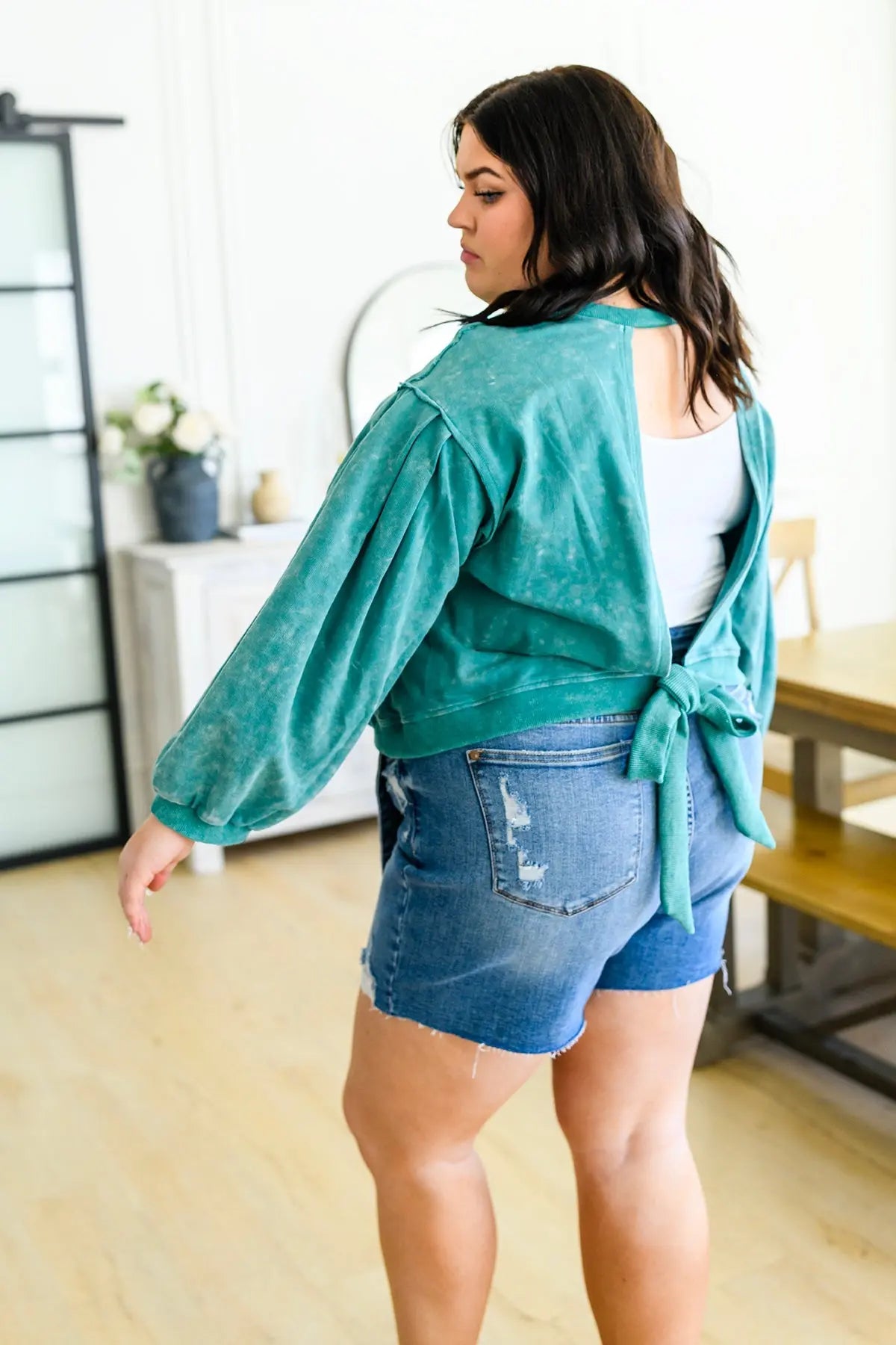 Tied Up In Cuteness Mineral Wash Sweater in Teal Ave Shops