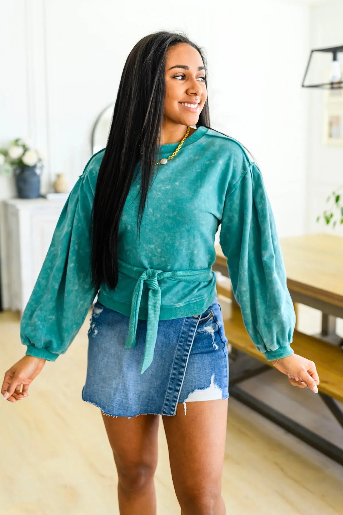 Tied Up In Cuteness Mineral Wash Sweater in Teal Ave Shops