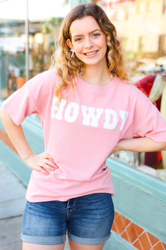 Haptics Pink Pop-Up Embroidered "HOWDY" Ribbed Top