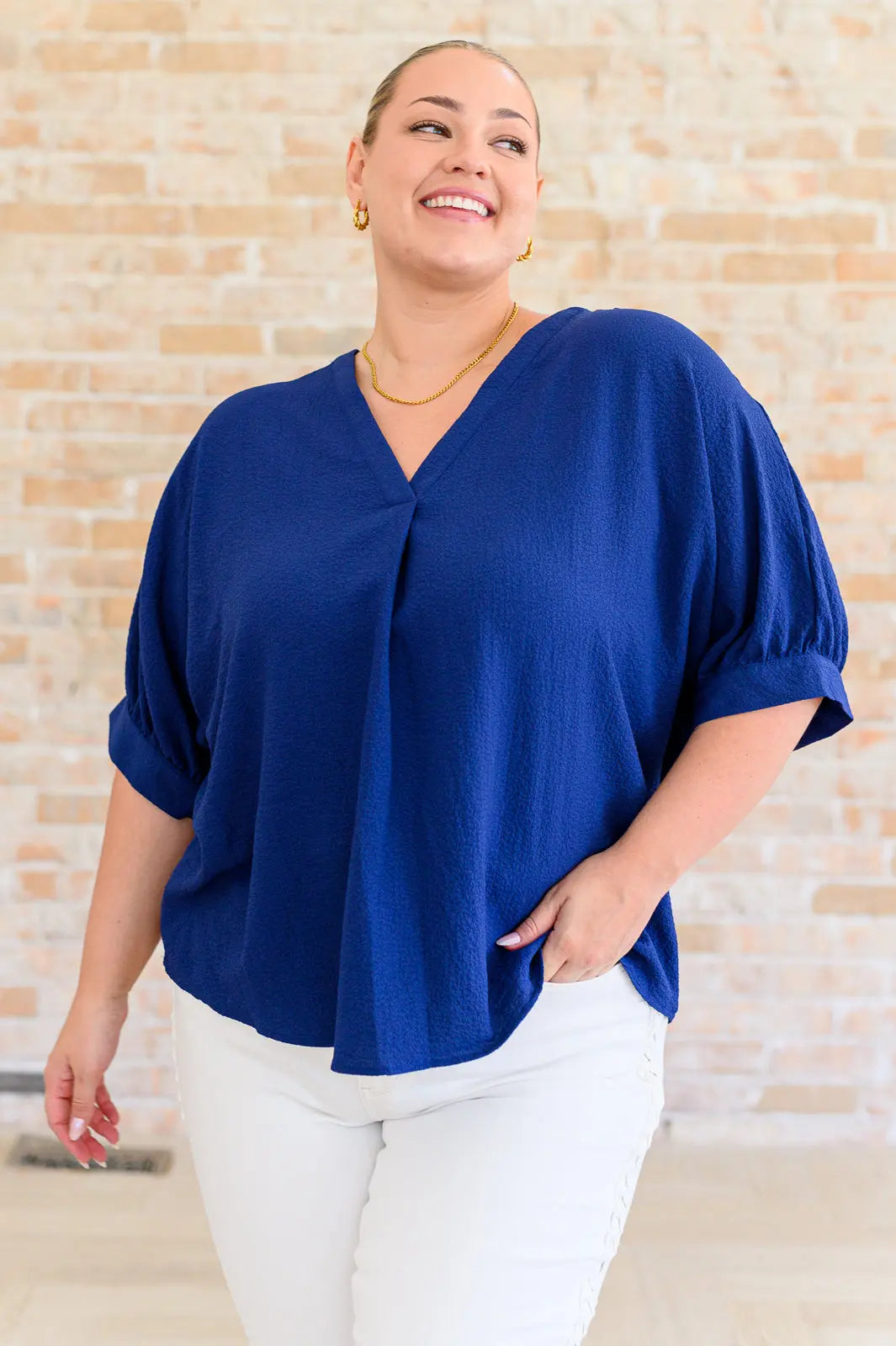 Up For Anything V-Neck Blouse in Navy Ave Shops