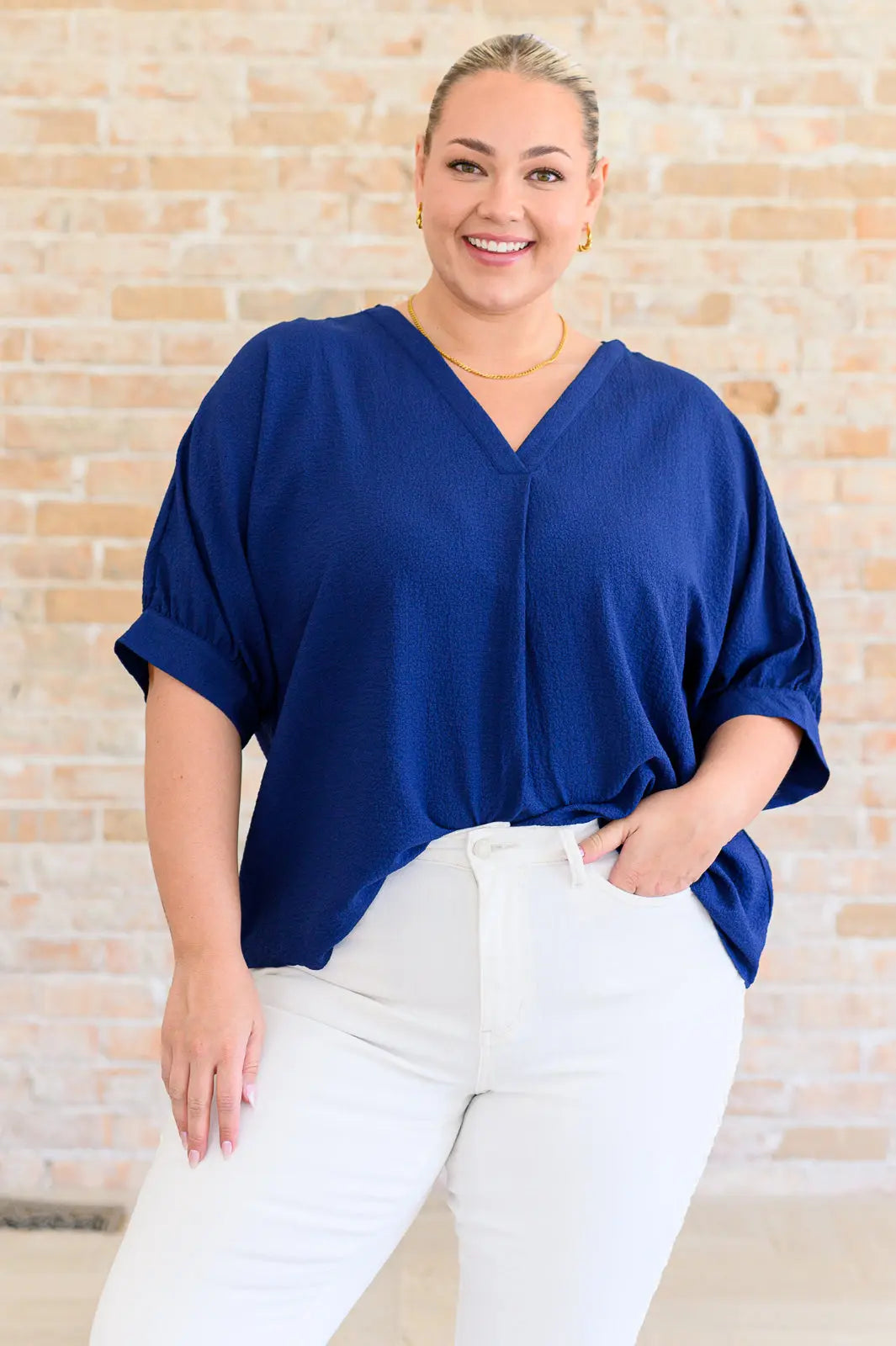 Up For Anything V-Neck Blouse in Navy Ave Shops