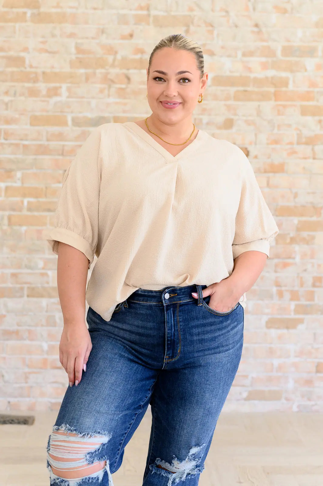 Up For Anything V-Neck Blouse in Taupe Ave Shops