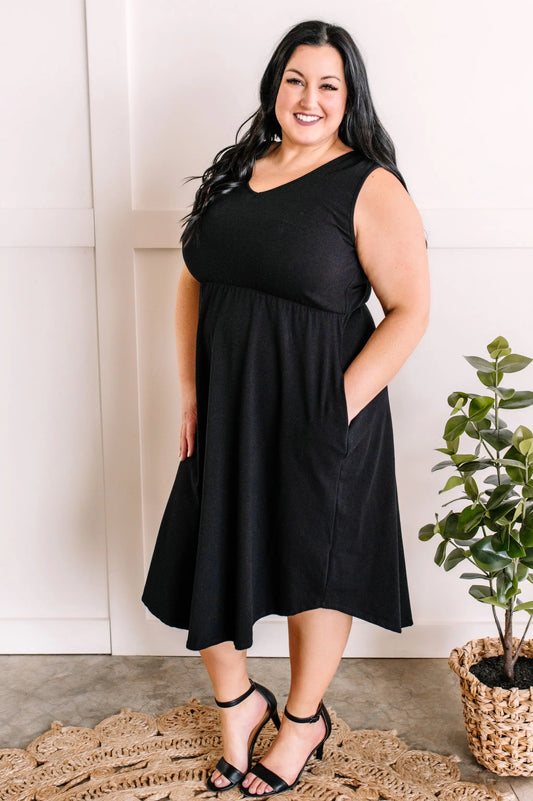 V Neck Cotton Midi Dress With Pockets In Solid Black American Boutique Drop Ship
