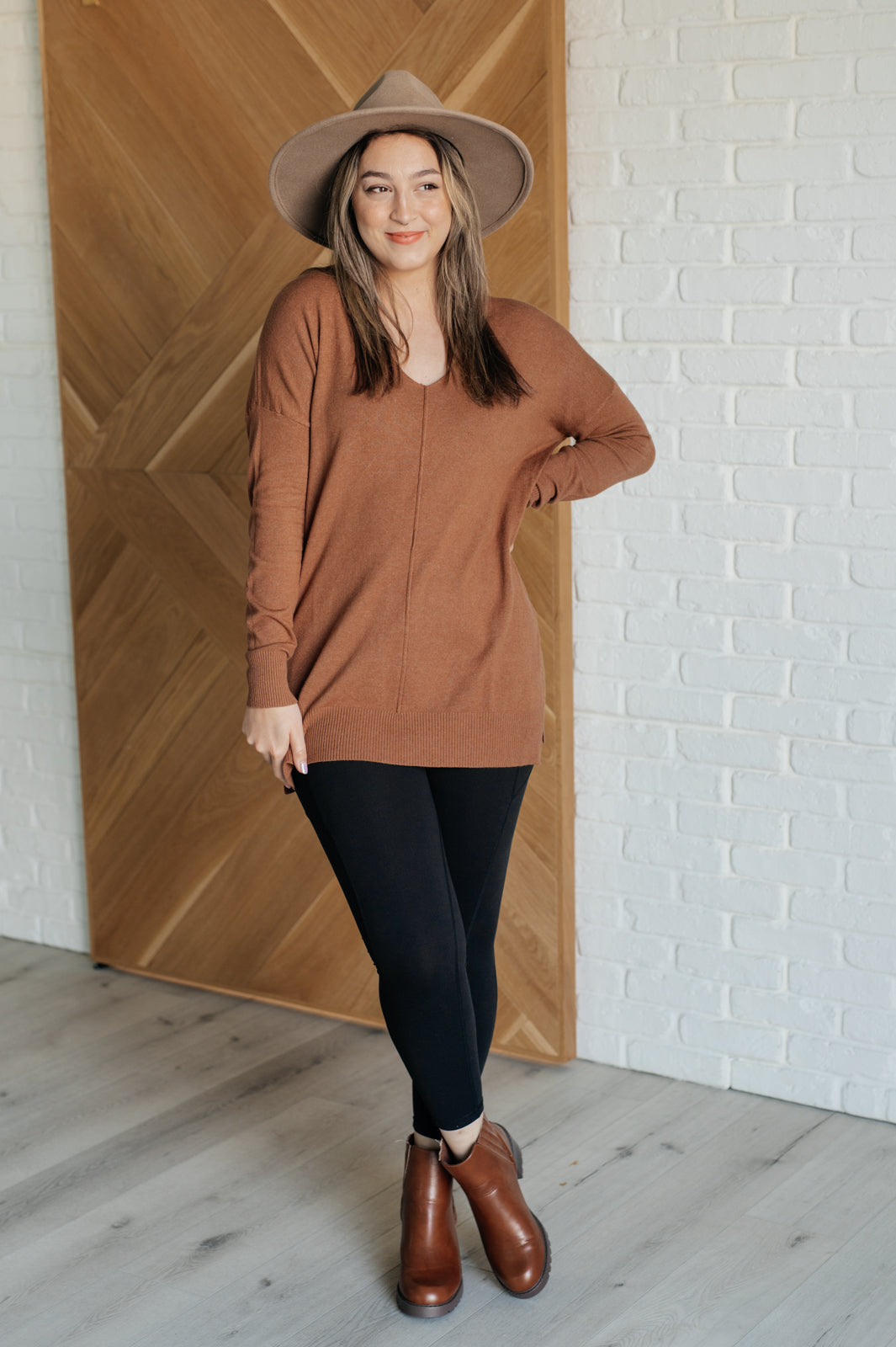 V-Neck Front Seam Sweater in Deep Camel Ave Shops