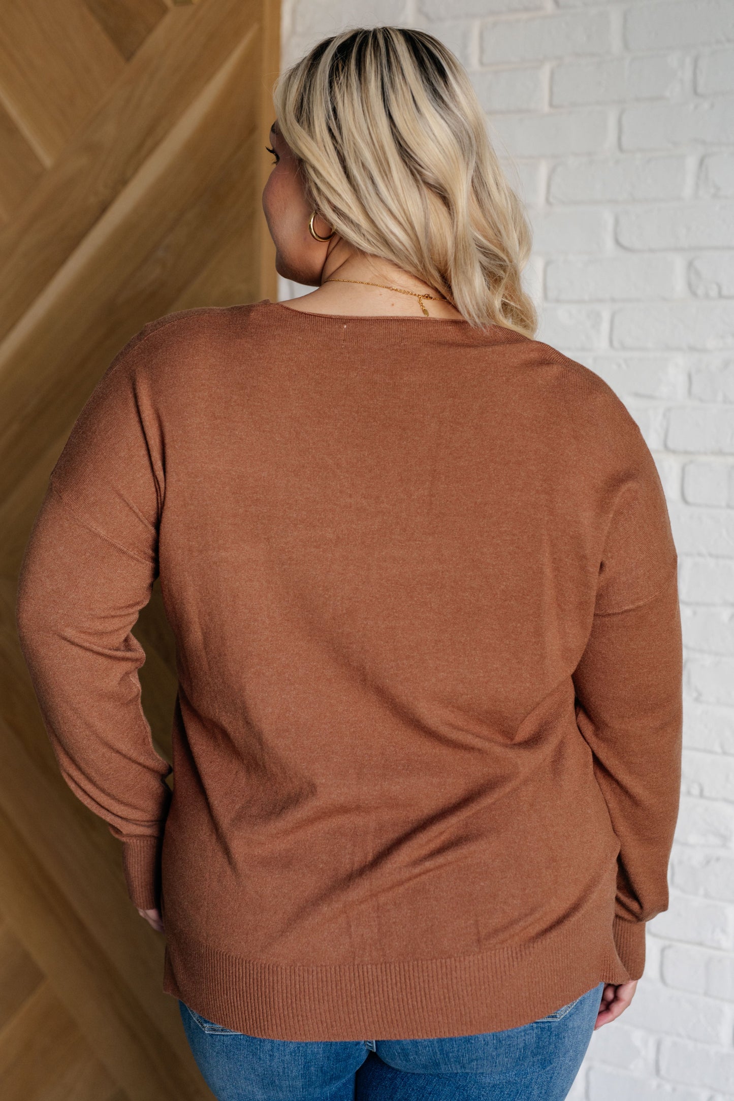 V-Neck Front Seam Sweater in Deep Camel Ave Shops