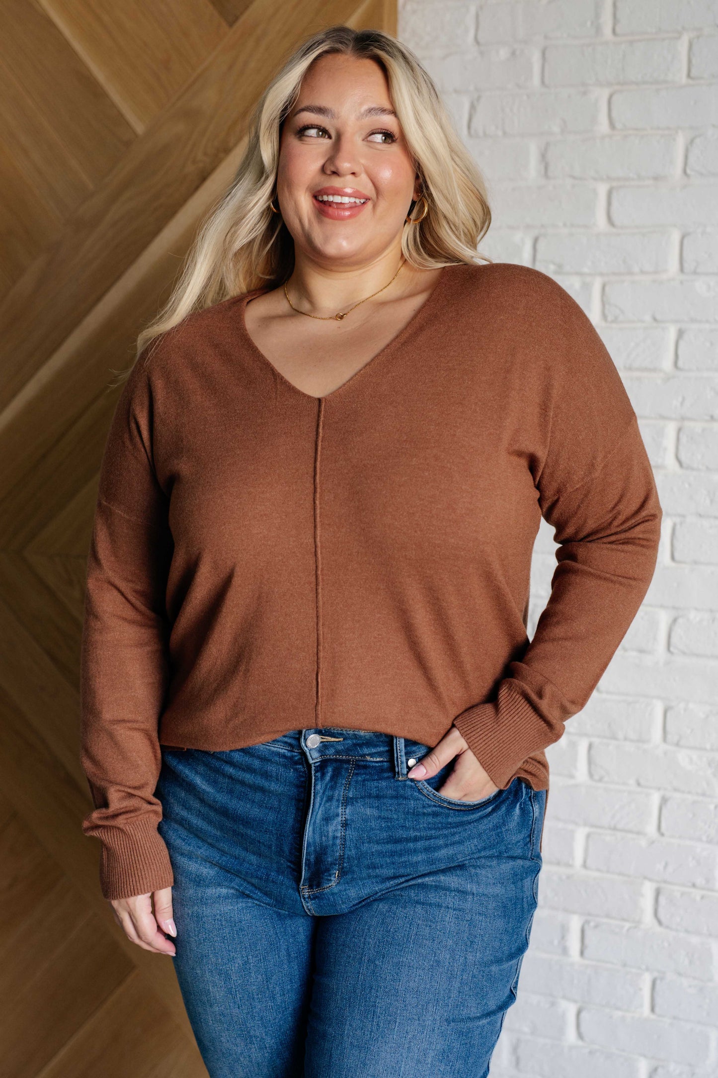 V-Neck Front Seam Sweater in Deep Camel Ave Shops