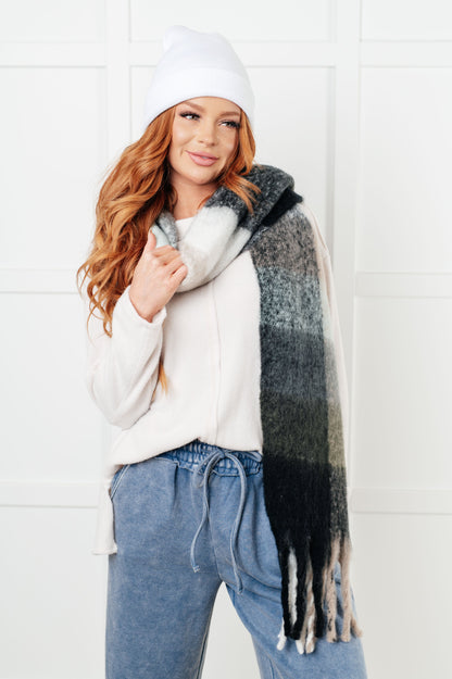 Wanderlust Wrap Oversized Plaid Fringe Scarf in Grey and Jade Ave Shops