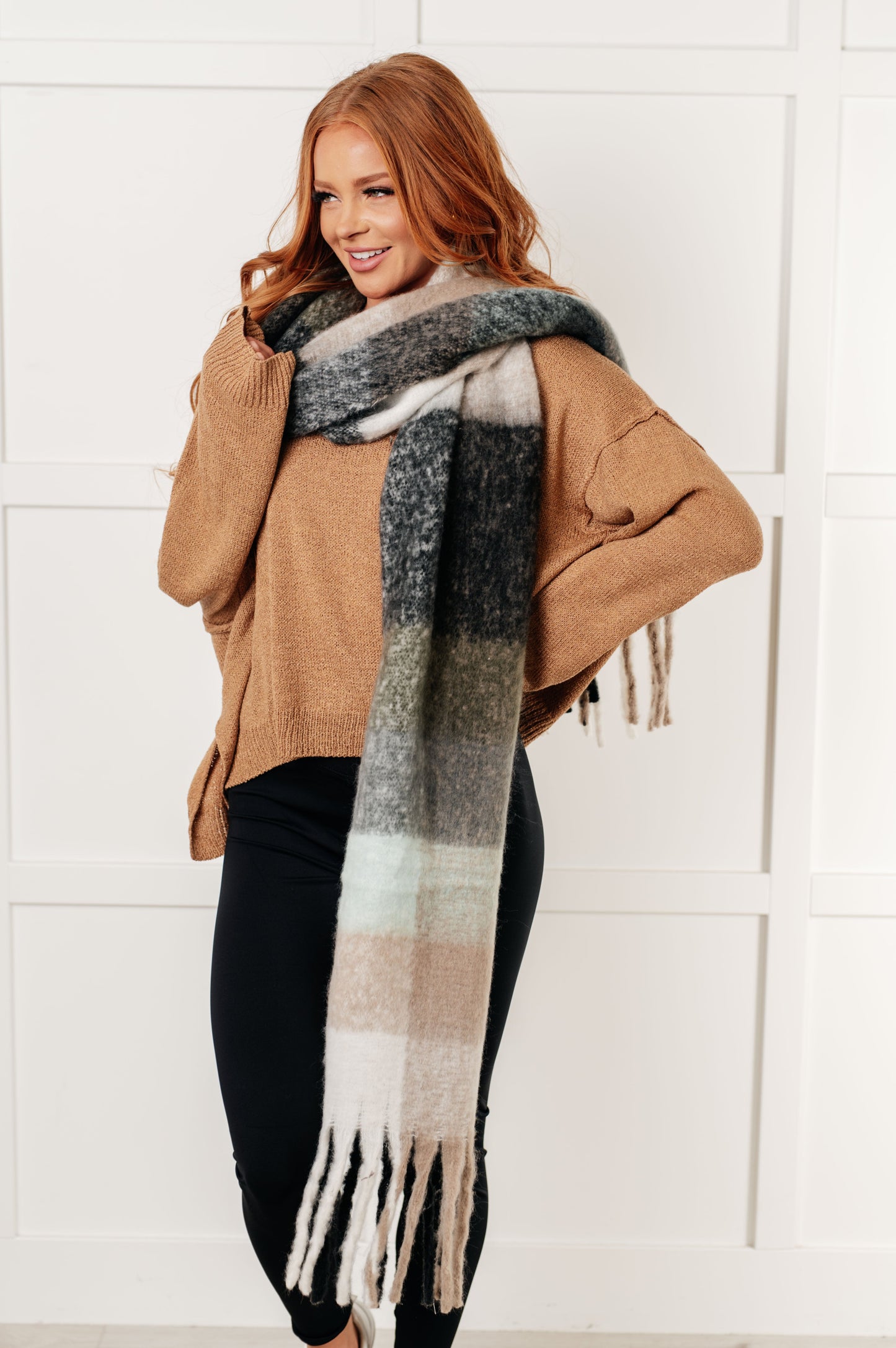 Wanderlust Wrap Oversized Plaid Fringe Scarf in Grey and Jade Ave Shops