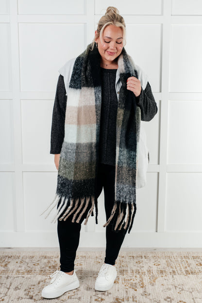 Wanderlust Wrap Oversized Plaid Fringe Scarf in Grey and Jade Ave Shops