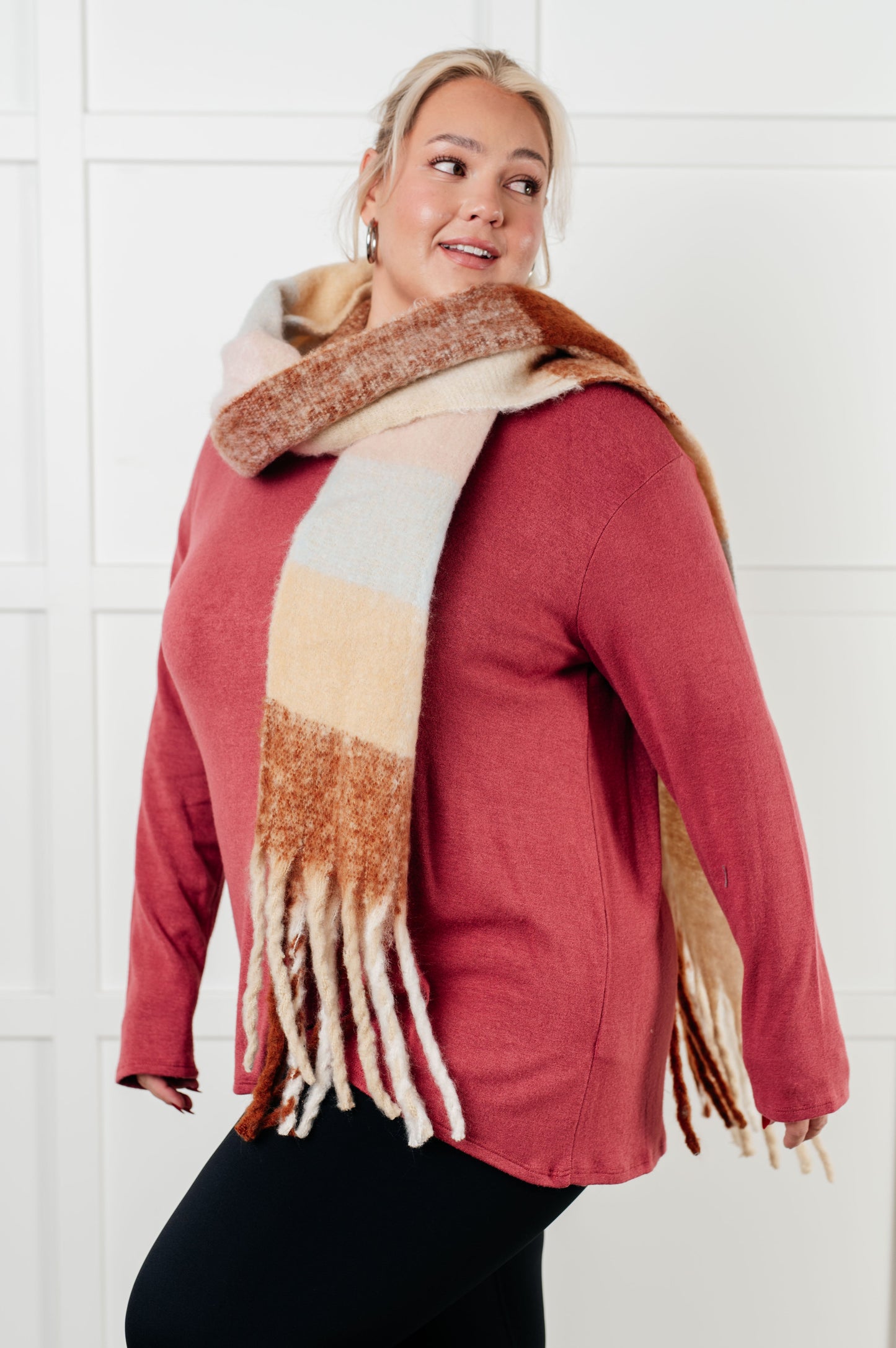 Wanderlust Wrap Oversized Plaid Fringe Scarf in Light Brown Ave Shops