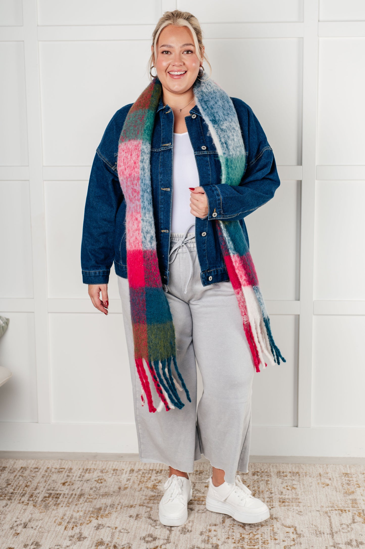 Wanderlust Wrap Oversized Plaid Fringe Scarf in Magenta and Teal Ave Shops