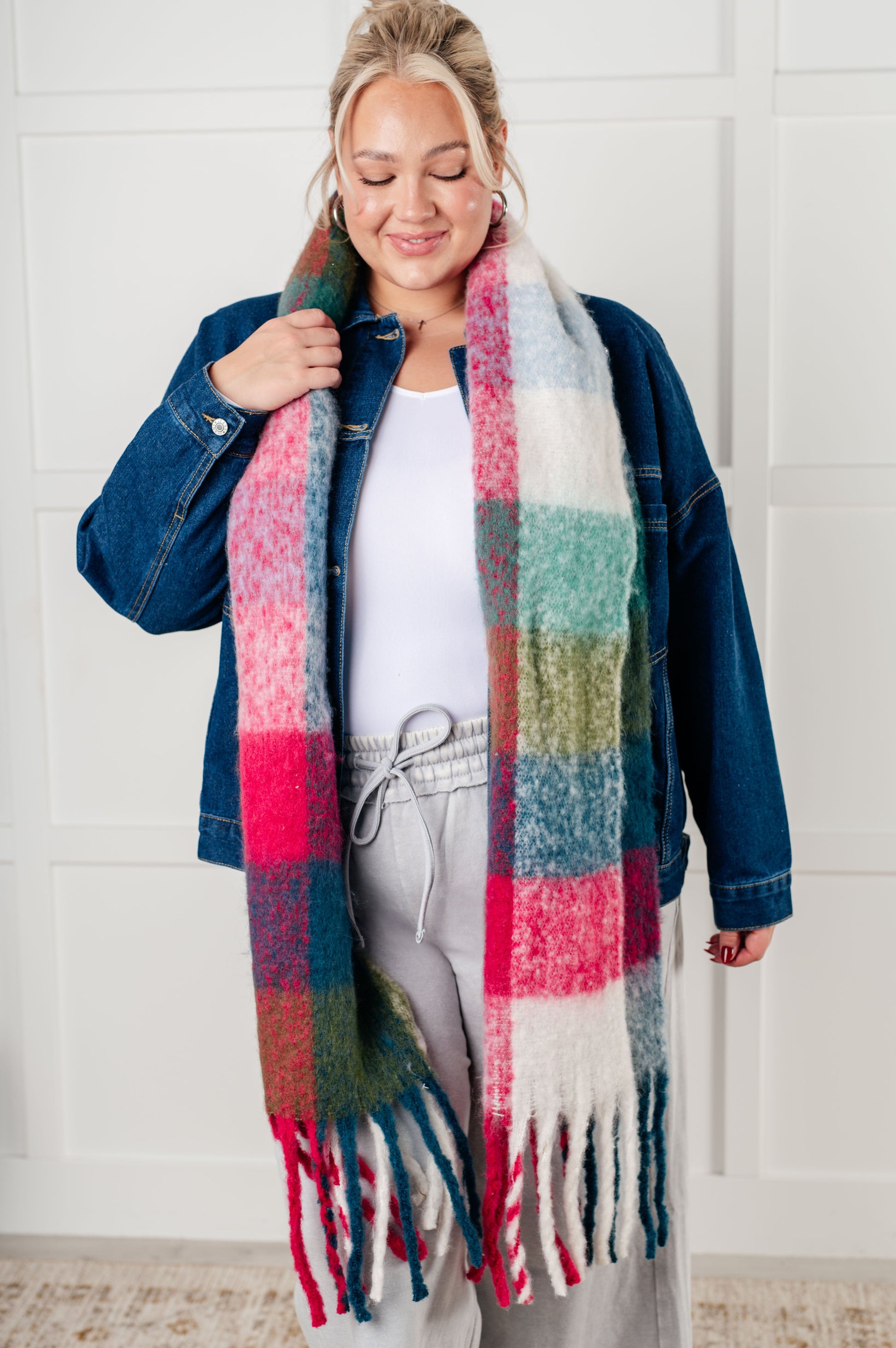 Wanderlust Wrap Oversized Plaid Fringe Scarf in Magenta and Teal Ave Shops