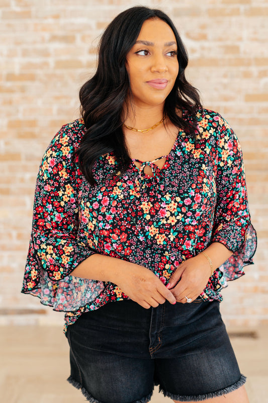 Willow Bell Sleeve Top in Black Multi Ditsy Floral Ave Shops