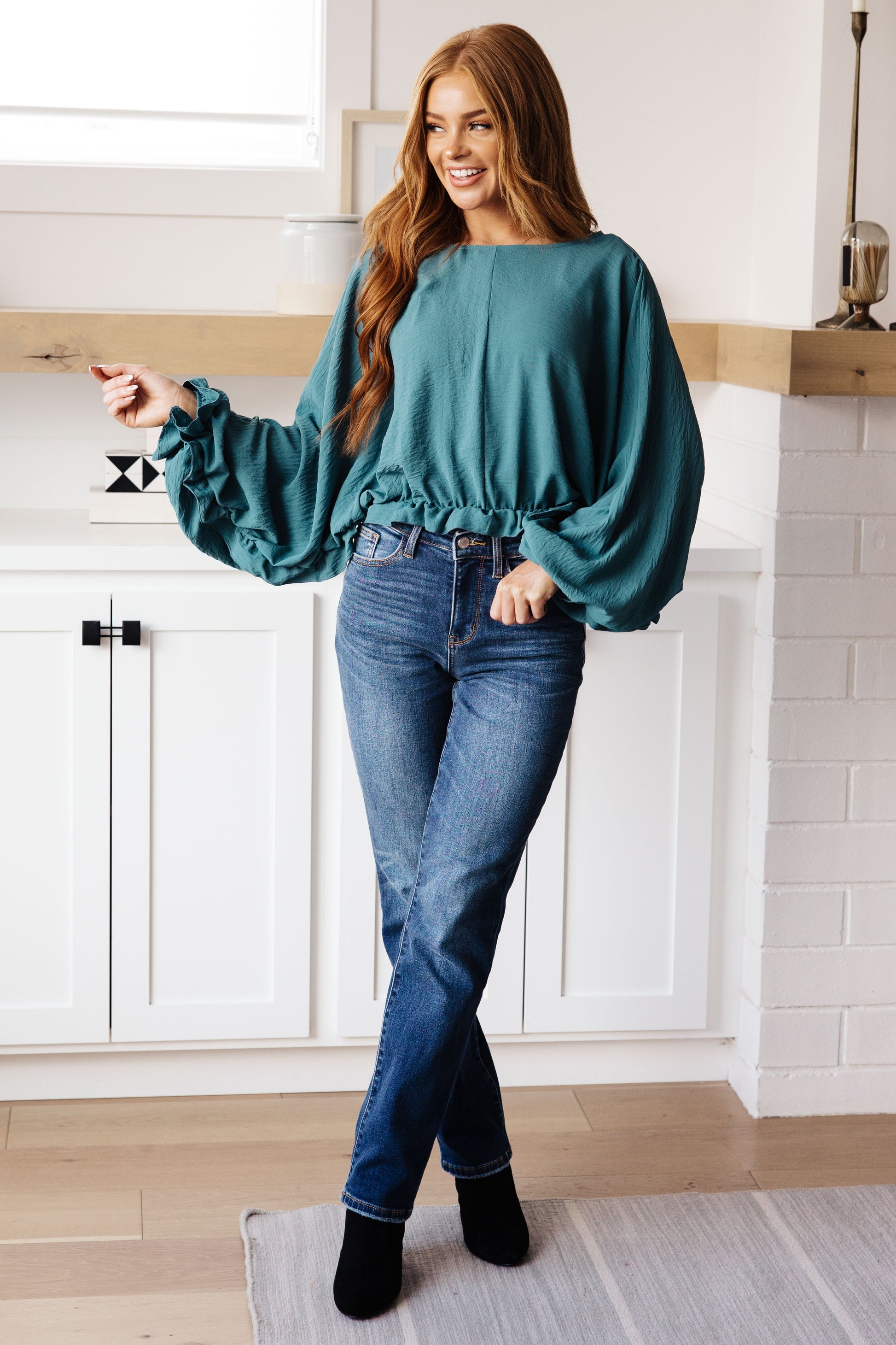 Winging It Ruffle Detail Top in Teal Ave Shops