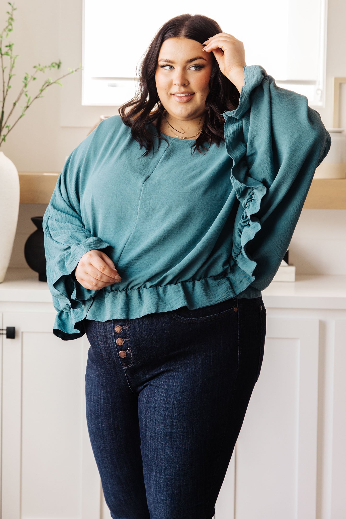 Winging It Ruffle Detail Top in Teal Ave Shops