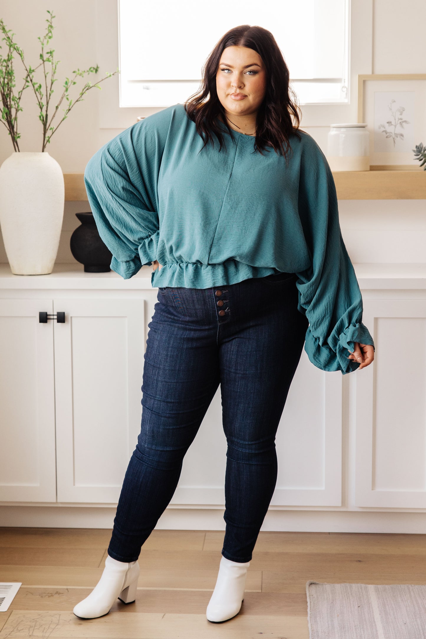 Winging It Ruffle Detail Top in Teal Ave Shops