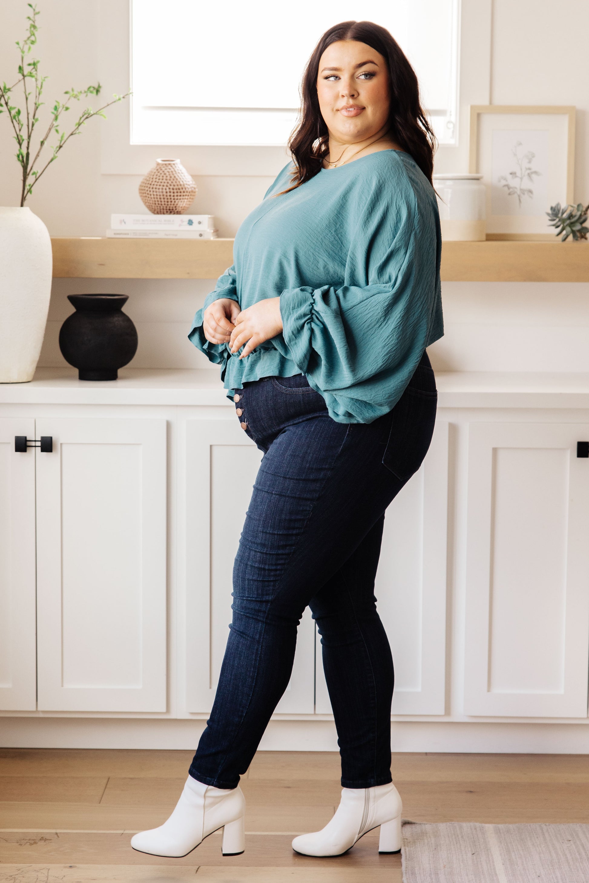 Winging It Ruffle Detail Top in Teal Ave Shops