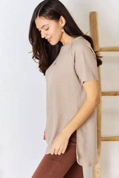 Zenana Baby Waffle Short Sleeve Slit High-Low T-Shirt Trendsi