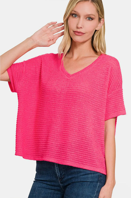 Zenana Drop Shoulder Short Sleeve Jacquard Knit Top Trendsi