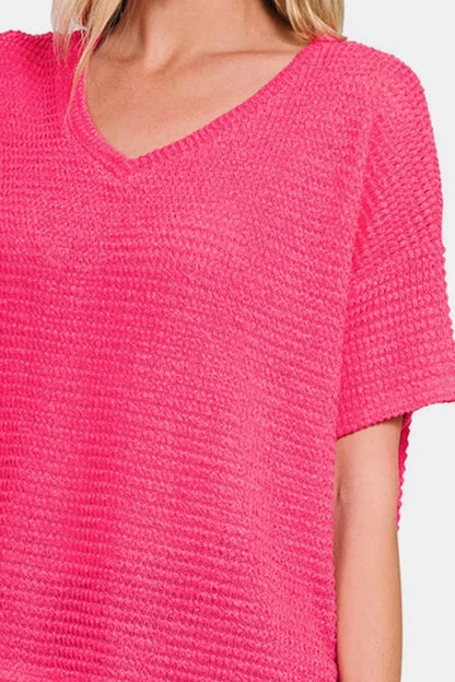 Zenana Drop Shoulder Short Sleeve Jacquard Knit Top Trendsi