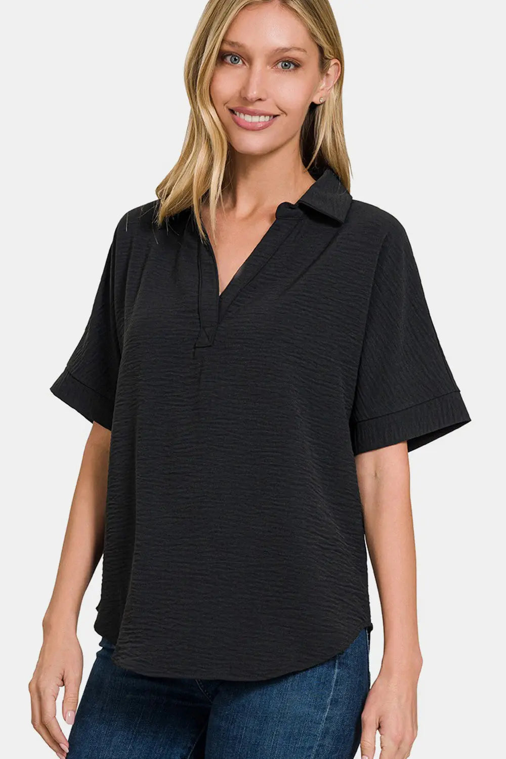 Zenana Full Size Texture Collared Neck Short Sleeve Top Trendsi