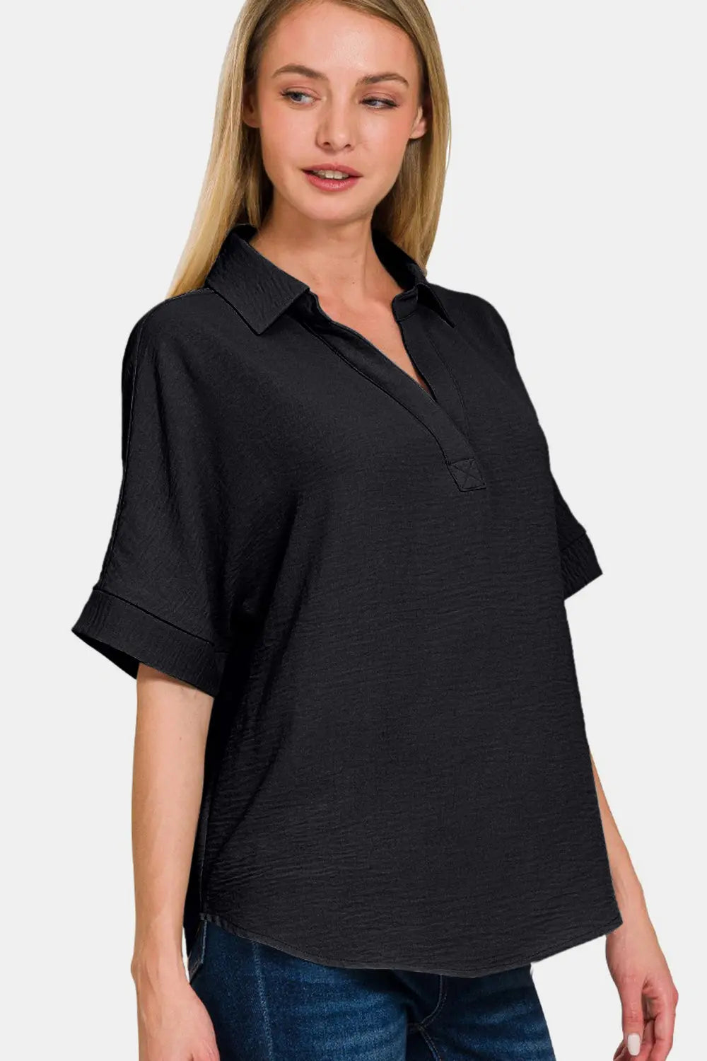 Zenana Full Size Texture Collared Neck Short Sleeve Top Trendsi