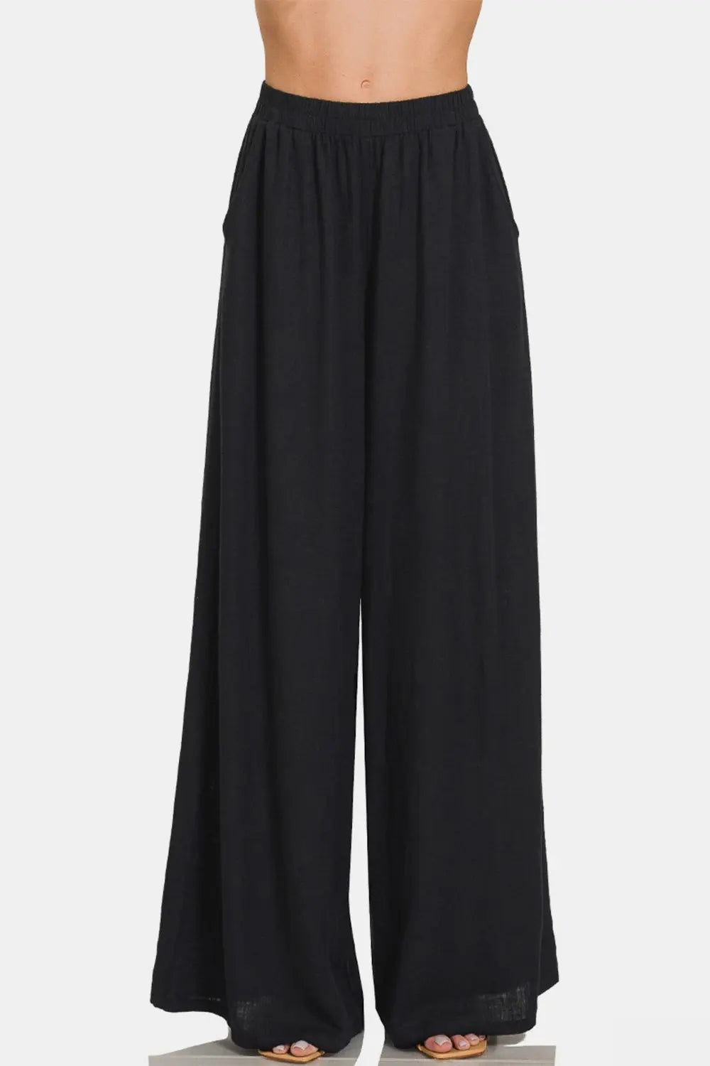 Zenana Pleated Linen Blend Wide Leg Pants Trendsi