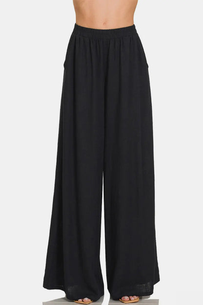 Zenana Pleated Linen Blend Wide Leg Pants Trendsi