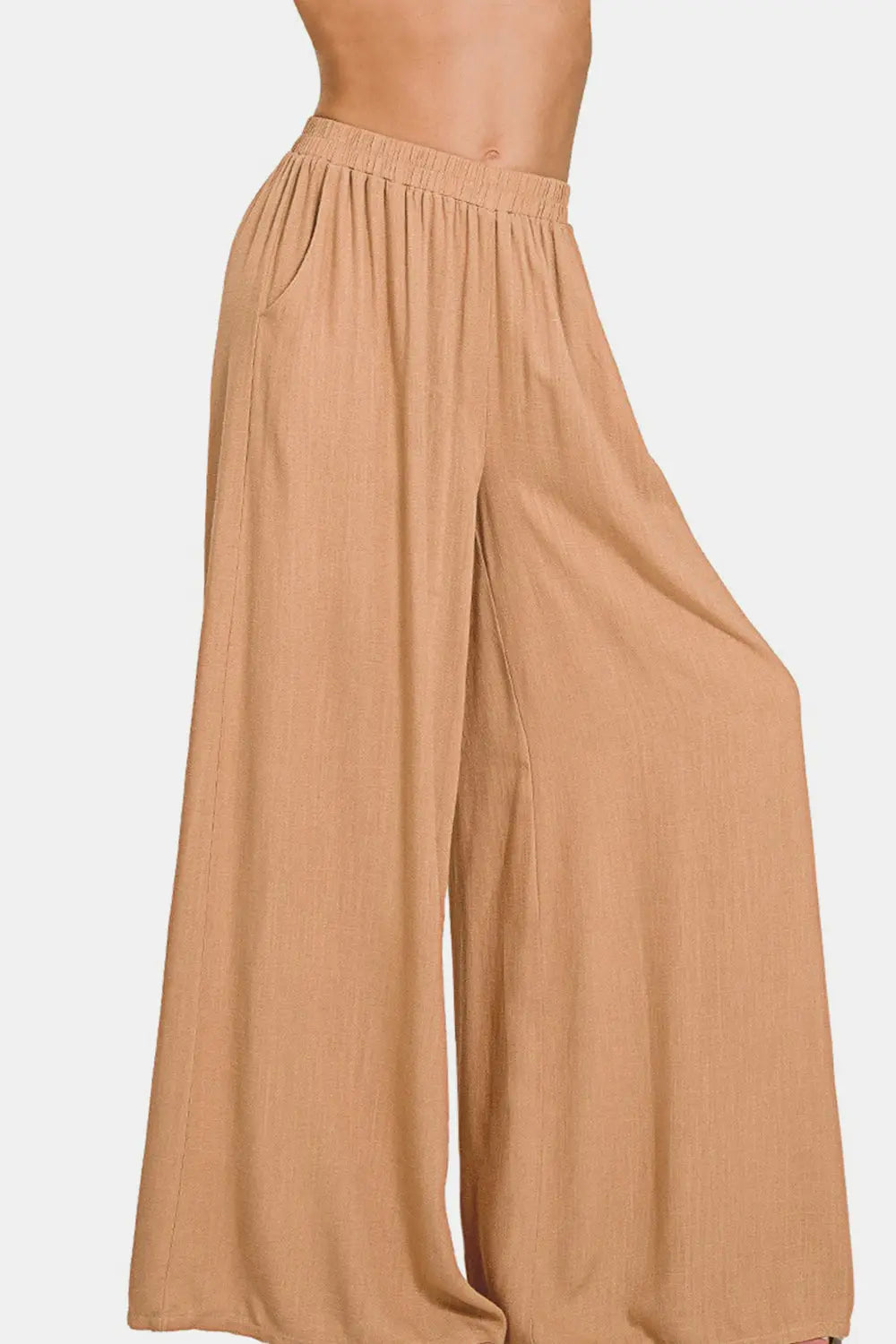 Zenana Pleated Linen Blend Wide Leg Pants Trendsi