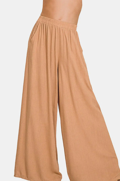 Zenana Pleated Linen Blend Wide Leg Pants Trendsi