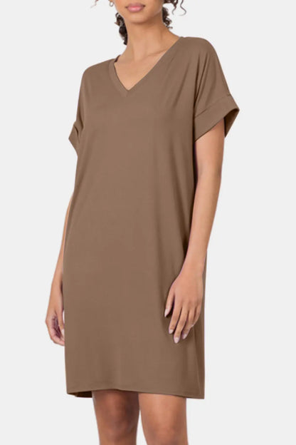 Zenana Rolled Short Sleeve V-Neck Dress Trendsi