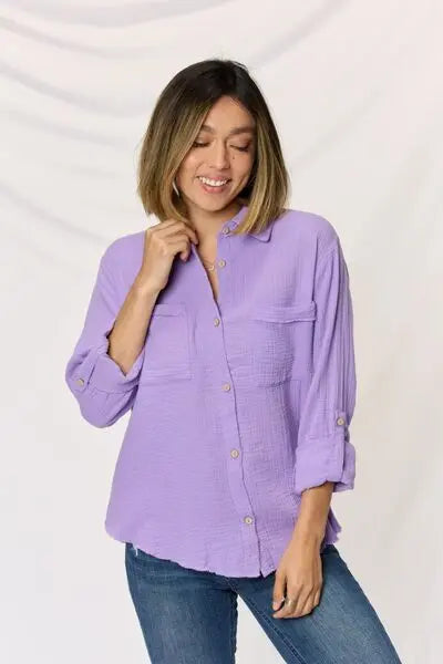 Zenana Texture Button Up Raw Hem Long Sleeve Shirt Trendsi