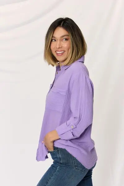 Zenana Texture Button Up Raw Hem Long Sleeve Shirt Trendsi