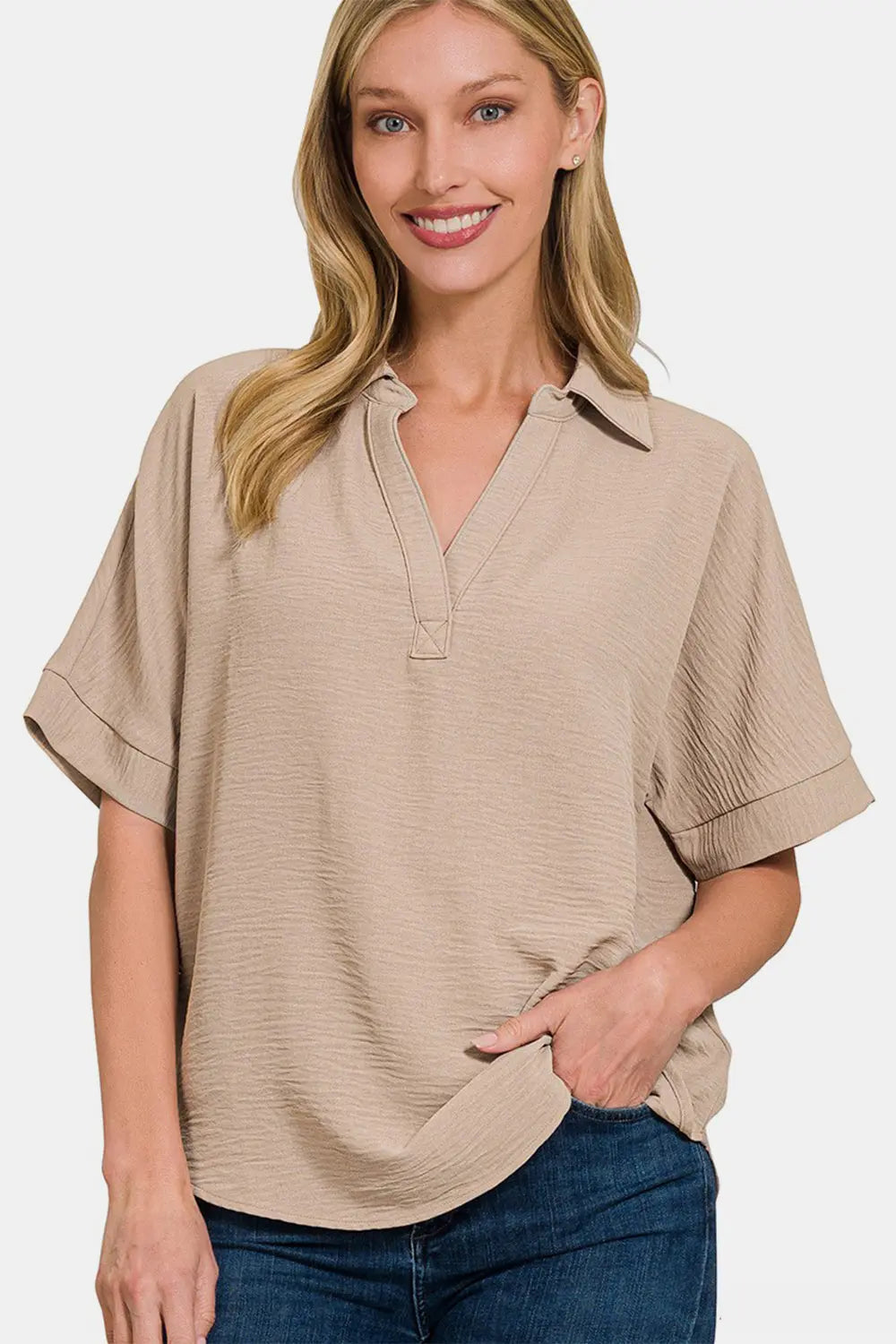 Zenana Texture Collared Neck Short Sleeve Top Trendsi