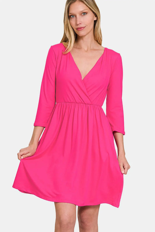 Zenana Three-Quarter Sleeve Surplice Dress with Pockets Trendsi