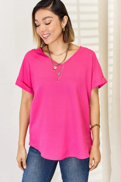 Zenana V-Neck Rolled Short Sleeve T-Shirt Trendsi