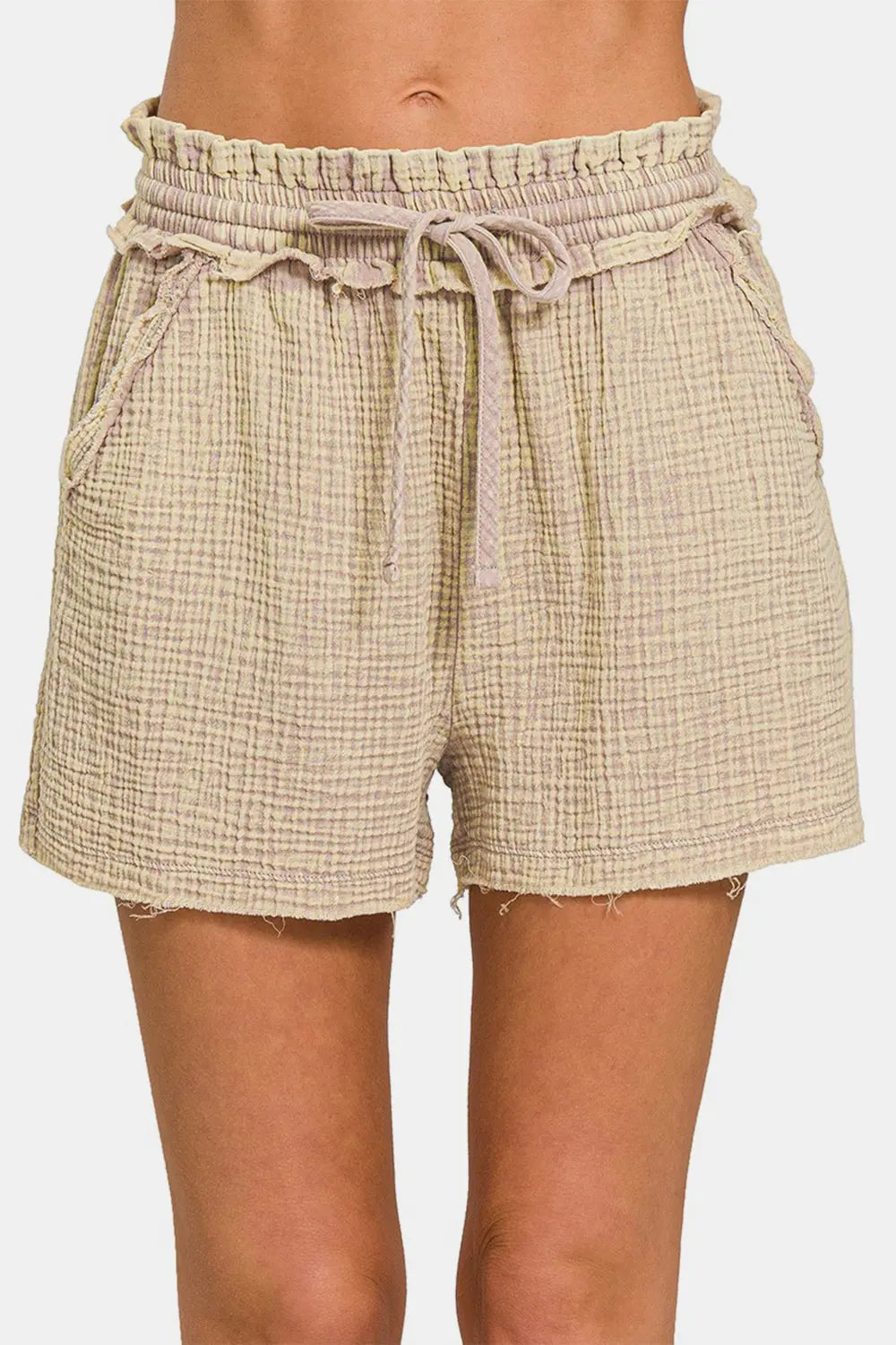 Zenana Washed Frayed Hem Drawstring Shorts Trendsi