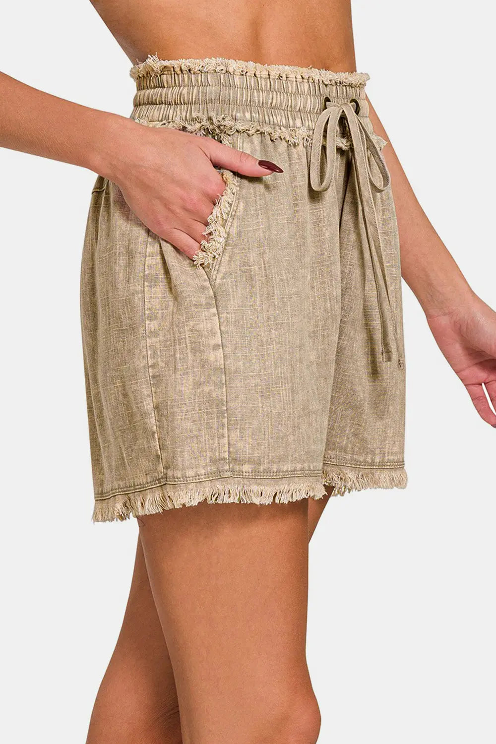 Zenana Washed Linen Frayed Hem Drawstring Shorts Trendsi