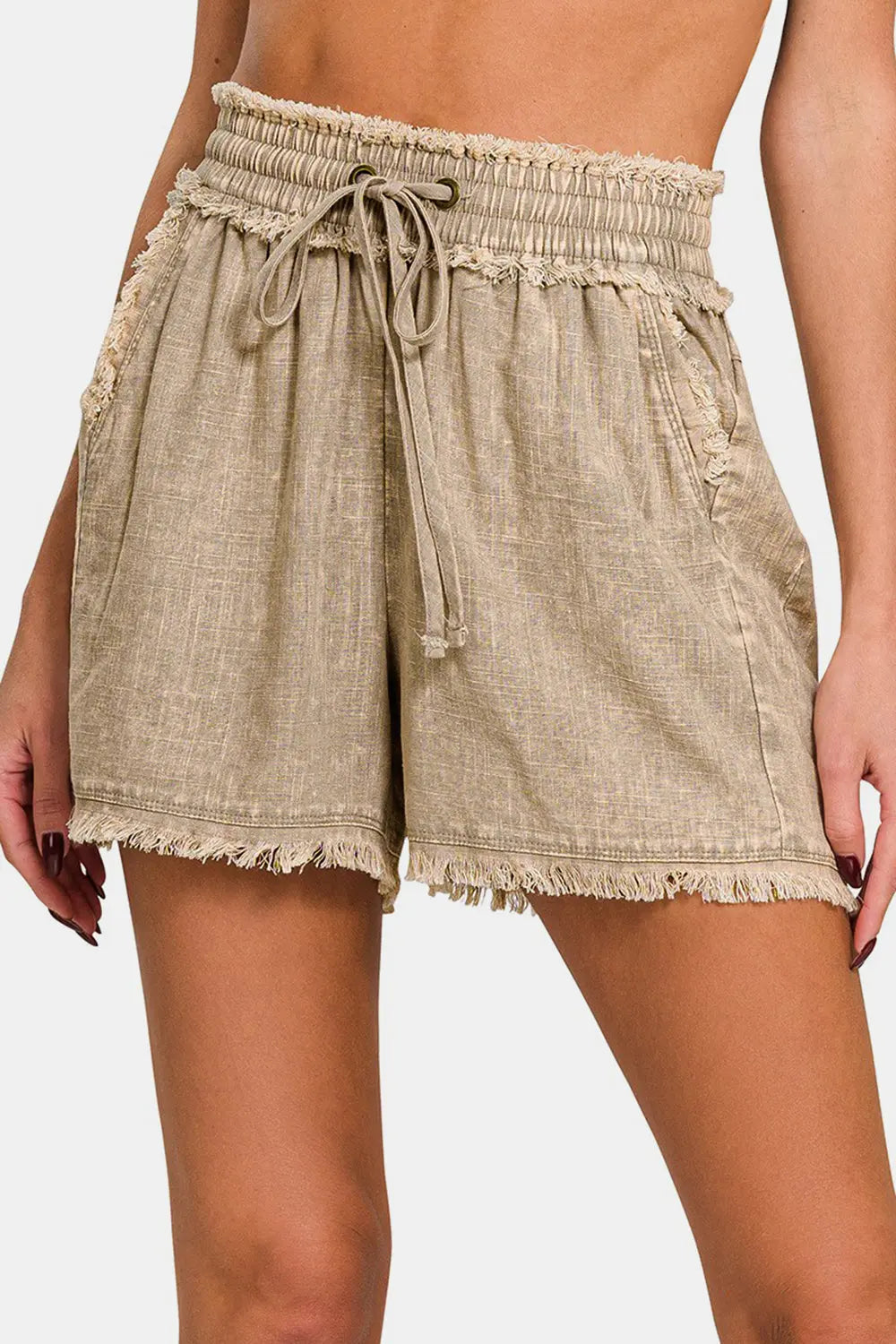 Zenana Washed Linen Frayed Hem Drawstring Shorts Trendsi