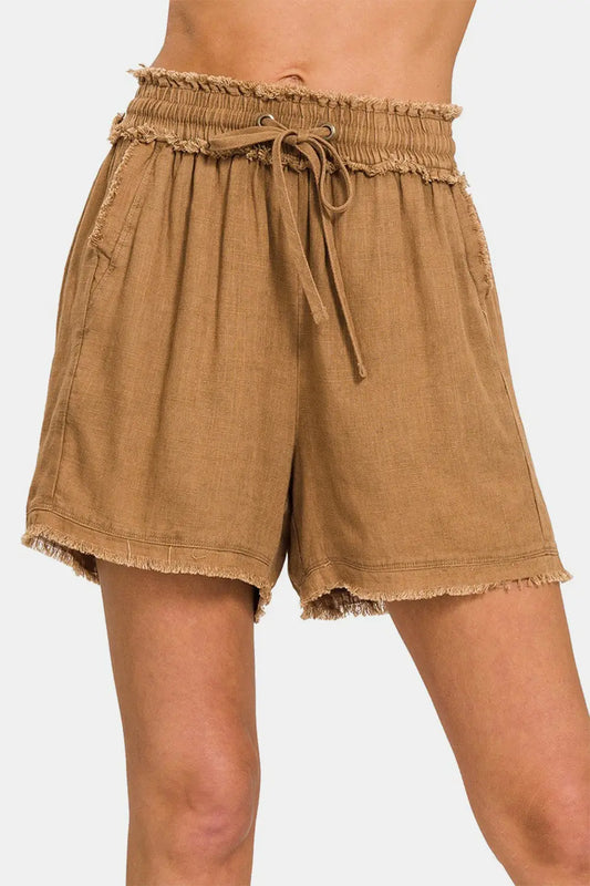 Zenana Washed Linen Frayed Hem Drawstring Shorts Trendsi