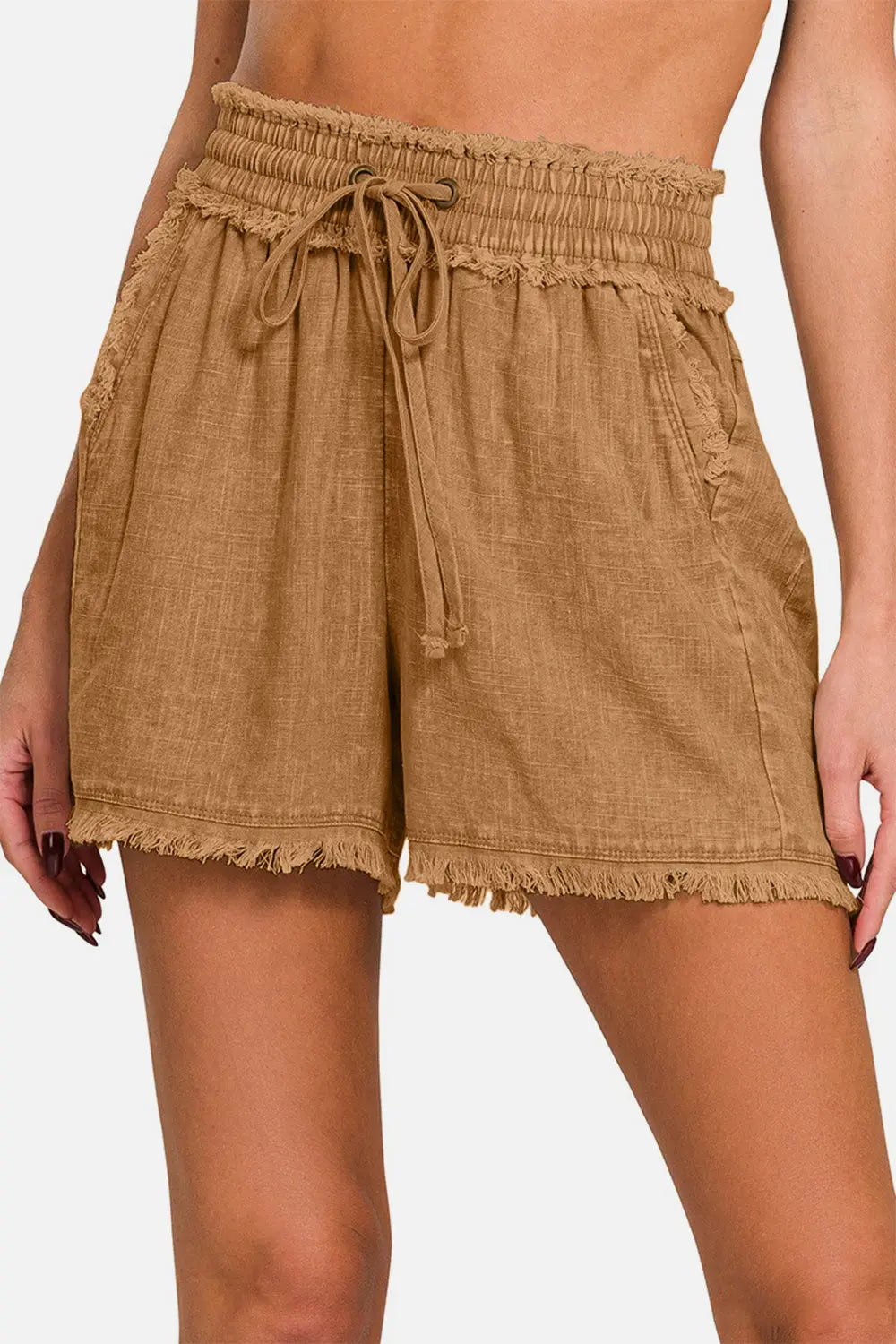 Zenana Washed Linen Frayed Hem Drawstring Shorts Trendsi