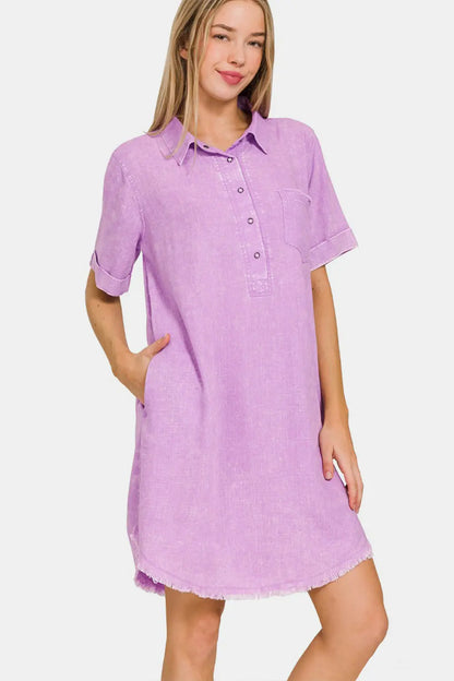 Zenana Washed Linen Raw Hem Dress with Pockets Trendsi