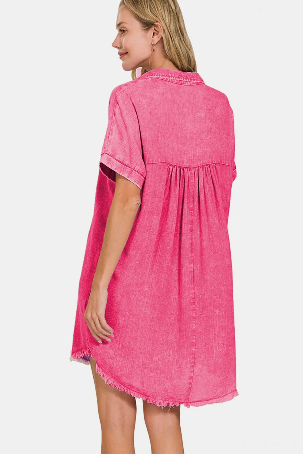 Zenana Washed Linen V-Neck Raw Hem Dress Trendsi