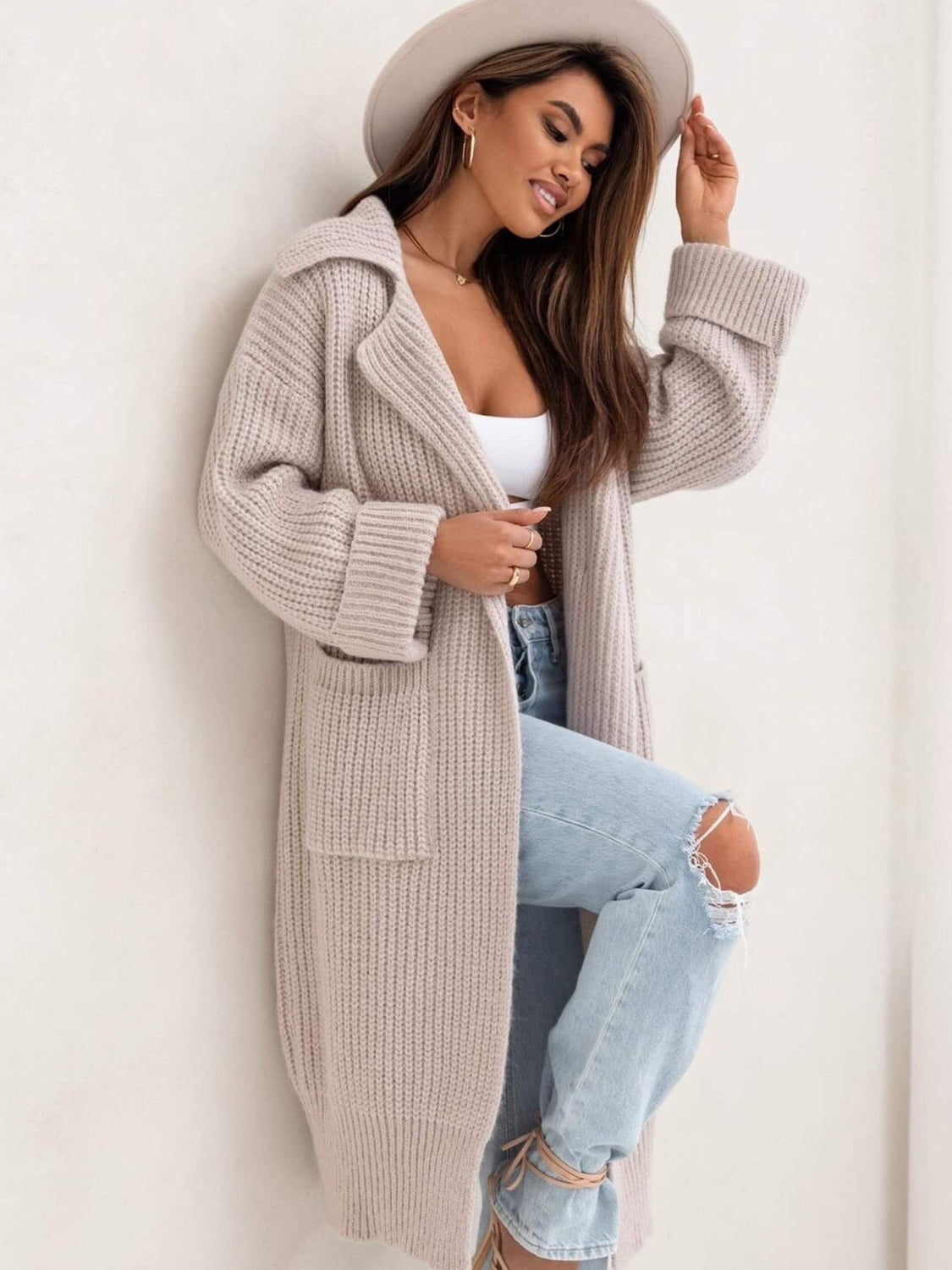 Pocketed Collared Neck Dropped Shoulder Cardigan Trendsi