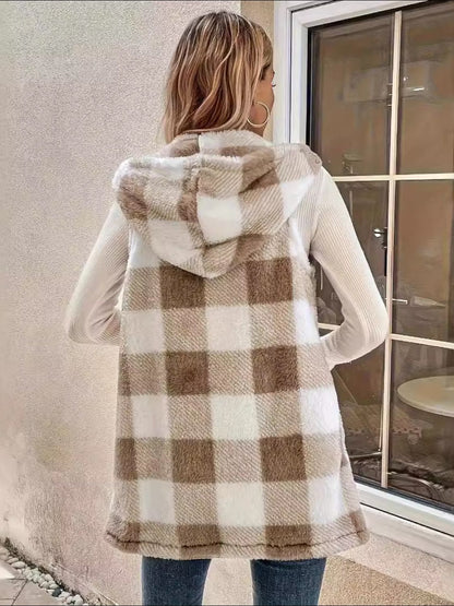 Fuzzy Plaid Hooded Vest Coat Trendsi