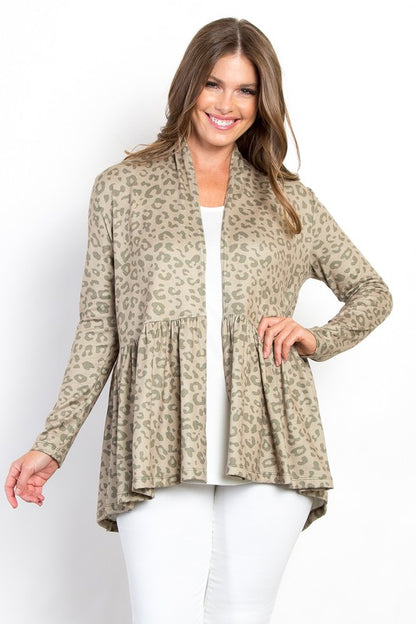 Be Stage Full Size Peplum Leopard Open Front Long Sleeve Cardigan Trendsi