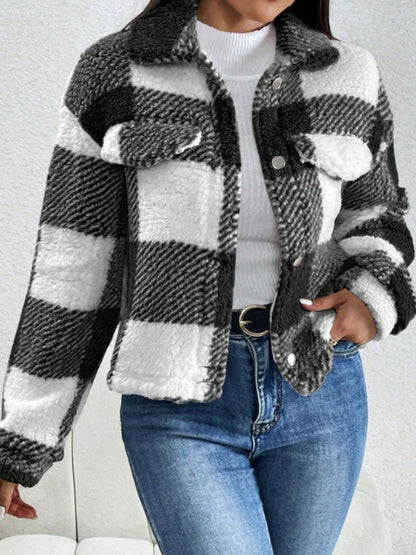 Decorative Pocket Flap Plaid Long Sleeve Jacket Trendsi