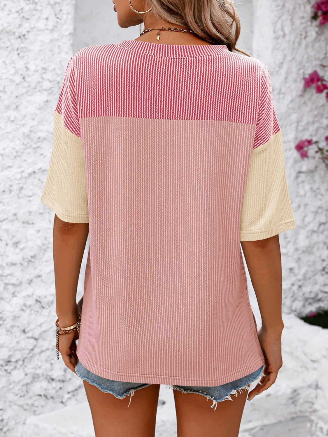 Color Block Round Neck Half Sleeve T-Shirt Trendsi