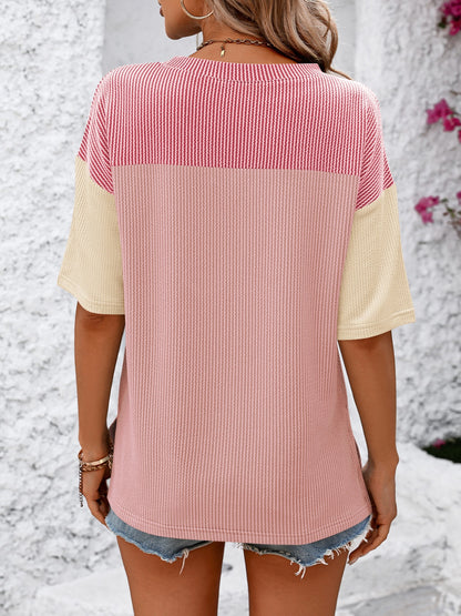 Color Block Round Neck Half Sleeve T-Shirt Trendsi